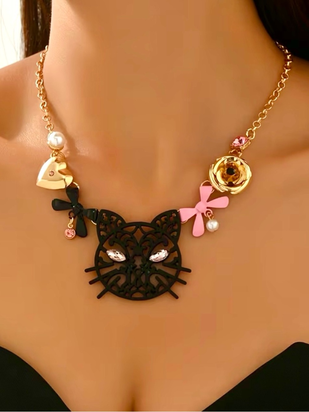 Cat Necklace with Pink & Gold Accents